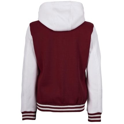 Women’s Hooded Varsity Jacket Maroon Body with White Sleeves | Letterman High School Baseball Bomber, Fleece Outer & Soft Polyester Lining, Adjustable Drawstring Hood - Image 4