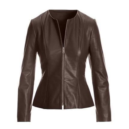 Women’s Walnut Brown Faux Leather Peplum Biker Jacket Stylish Slim Fit Moto Outerwear with Ruffle Waist Design - Image 2