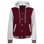 Women’s Hooded Varsity Jacket Maroon Body with White Sleeves | Letterman High School Baseball Bomber, Fleece Outer & Soft Polyester Lining, Adjustable Drawstring Hood