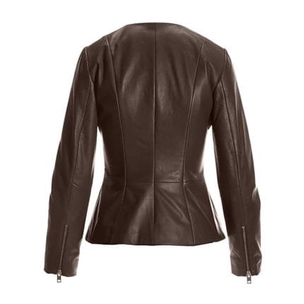Women’s Walnut Brown Faux Leather Peplum Biker Jacket Stylish Slim Fit Moto Outerwear with Ruffle Waist Design - Image 3