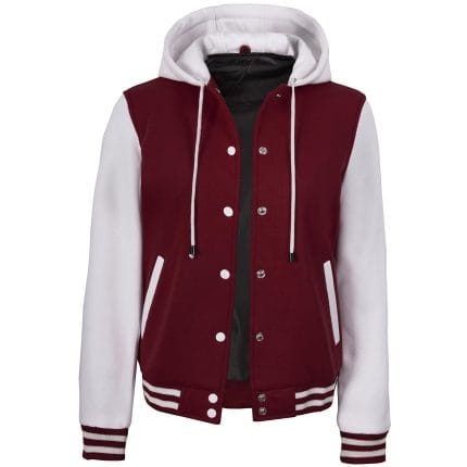 Women’s Hooded Varsity Jacket Maroon Body with White Sleeves | Letterman High School Baseball Bomber, Fleece Outer & Soft Polyester Lining, Adjustable Drawstring Hood - Image 2