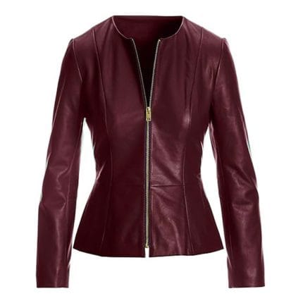 Women’s Maroon Faux Leather Peplum Biker Jacket Slim Fit Moto Outerwear with Adjustable Waist & Zipper Details - Image 2
