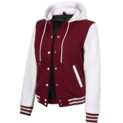 Women’s Hooded Varsity Jacket Maroon Body with White Sleeves | Letterman High School Baseball Bomber, Fleece Outer & Soft Polyester Lining, Adjustable Drawstring Hood - Image 3