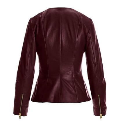 Women’s Maroon Faux Leather Peplum Biker Jacket Slim Fit Moto Outerwear with Adjustable Waist & Zipper Details - Image 3