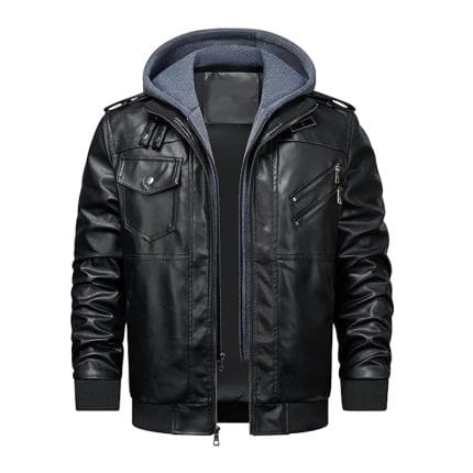 Men’s Black Leather Jacket with Removable Hood Zip-Up Biker Style, Casual Streetwear Outerwear with Multiple Pockets & Soft Lining - Image 3