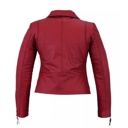 Women’s Red Sheepskin Leather Jacket Slim Fit Moto Biker Coat with YKK Zippers & Zippered Sleeves Casual & Motorcycle Riding Outerwear - Image 5