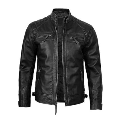 Men’s Black Cafe Racer Leather Jacket 100% Real Lambskin Biker Motorcycle Jacket with Quilted Shoulders, Slim Fit, YKK Zipper Pockets & Waist Adjusters Vintage Riding & Casual Fashion by Decrum - Image 4
