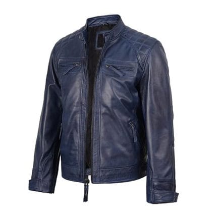 Men’s Navy Blue Cafe Racer Leather Jacket 100% Real Lambskin Motorcycle Biker Jacket with Quilted Shoulders, Slim Fit, YKK Zipper Pockets & Adjustable Waist Premium Riding & Casual Wear by Decrum - Image 2