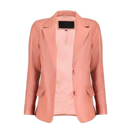 Women’s Pink Genuine Lambskin Leather Blazer Classic 2-Button Coat with Notched Lapel, Long Sleeves & Flap Pockets Soft Napa Leather Jacket for Office & Casual Wear - Image 4
