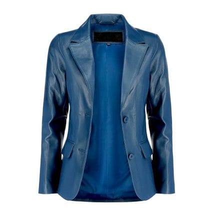 Women’s Navy Blue Lambskin Leather Blazer – Classic 2-Button Genuine Napa Leather Coat with Notched Lapel, Long Sleeves & Flap Pockets Casual, Business & Formal Wear Jacket - Image 3