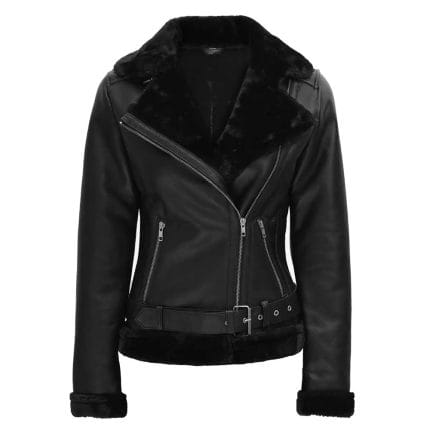 Women's Black Real Leather Jacket Fur Lined Biker Style Coat Slim Fit Winter Outerwear with Belt Stylish Moto Fashion - Image 3