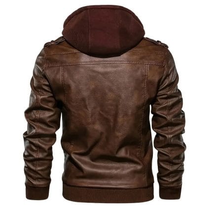 Men’s Retro PU Leather Bomber Jacket with Detachable Hood Zipper Closure, Ribbed Cuffs & Urban Casual Riding Style - Image 4