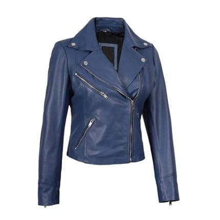 Women’s Blue Faux Leather Moto Biker Jacket Slim Fit Lightweight Motorcycle Style Outerwear with Asymmetrical Zipper, Stylish Pockets & Comfortable Inner Lining Perfect for Casual Wear, Parties & Travel - Image 3