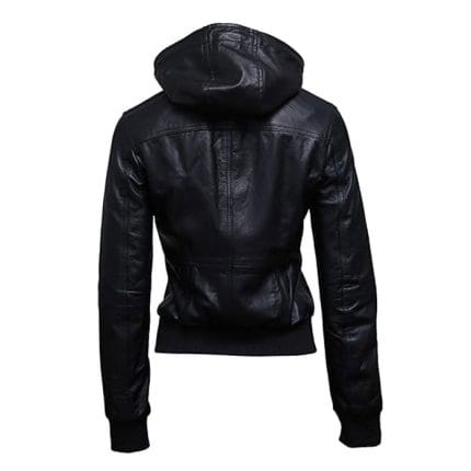 Women’s Genuine Lambskin Leather Hooded Motorcycle Jacket Black Bomber Style with Removable Hood, Ribbed Cuffs & Quilted Lining - Image 4
