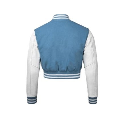 Women’s Cropped Varsity Jacket Blue Wool Body with White Faux Leather Sleeves | Trendy Baseball Bomber Style for Women - Image 4