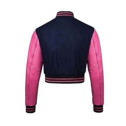 Women’s Cropped Varsity Jacket Dark Blue Wool Body with Pink Faux Leather Sleeves | Trendy Cropped Baseball Bomber Jacket with Pink Striped Details - Image 4