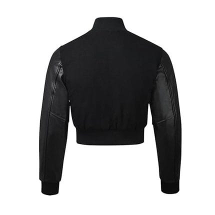 Women’s Cropped Varsity Jacket Black Wool Body with Black Faux Leather Sleeves | Stylish Cropped Baseball Bomber Jacket for Women - Image 4