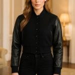 Women’s Cropped Varsity Jacket Black Wool Body with Black Faux Leather Sleeves | Stylish Cropped Baseball Bomber Jacket for Women