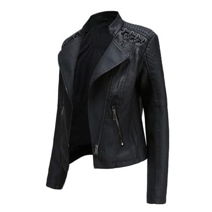Women’s Leather Biker Jacket Moto Style Short Coat with Zip Pockets Casual Slim Fit Motorcycle Outerwear for Fashion & Riding - Image 4