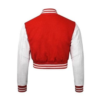 Women’s Cropped Varsity Jacket Red Wool Body with White Faux Leather Sleeves | Stylish Cropped Baseball Bomber Jacket for Women, Trendy Streetwear & Campus Fashion - Image 4