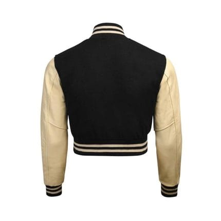 Women’s Cropped Varsity Jacket Black Wool Body with Brown Faux Leather Sleeves | Trendy Cropped Baseball Bomber Jacket for Women - Image 4