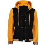 Women’s Hooded Varsity Jacket Black Body with Orange Sleeves | Classic Letterman High School Baseball Bomber Hoodie for Women, Fleece Outer & Soft Lining