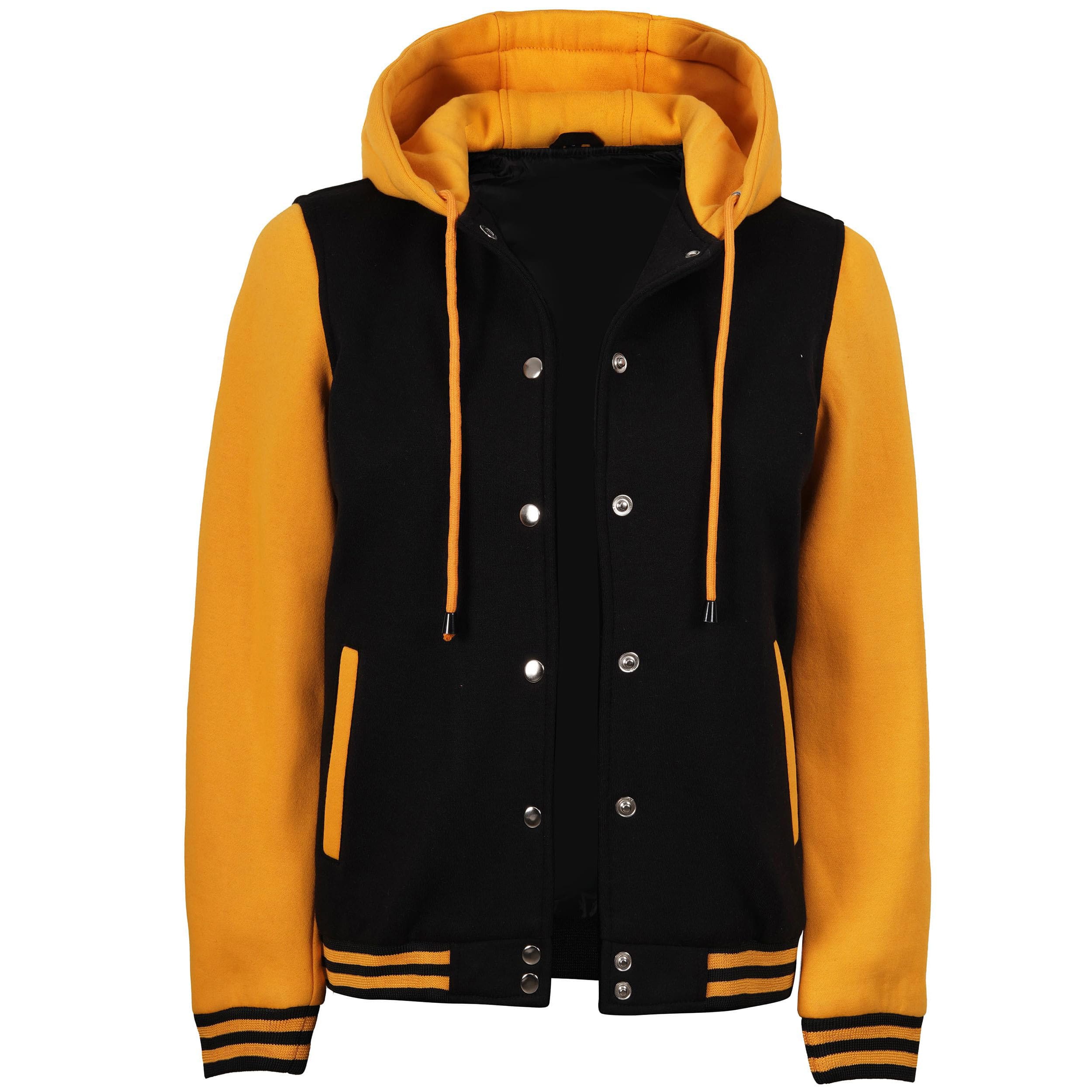 3 Women’s Hooded Varsity Jacket Black Body with Orange Sleeves | Classic Letterman High School Baseball Bomber Hoodie for Women, Fleece Outer & Soft Lining - Image 1