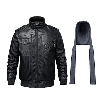 Men’s Black Leather Jacket with Removable Hood Zip-Up Biker Style, Casual Streetwear Outerwear with Multiple Pockets & Soft Lining - Image 6