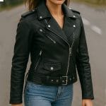 Women’s Premium Cowhide Leather Motorcycle Jacket Heavy-Duty Biker Style, Asymmetrical Zip, Adjustable Waist & Side Laces, Zip-Out Liner Classic Black Moto Riding Jacket