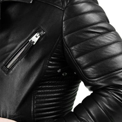 Men’s Black Genuine Leather Biker Jacket Quilted Motorcycle Style with Zipper Pockets & Slim Fit Design | Premium Real Leather Moto Jacket for Men - Image 4