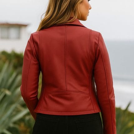 Women’s Red Sheepskin Leather Jacket Slim Fit Moto Biker Coat with YKK Zippers & Zippered Sleeves Casual & Motorcycle Riding Outerwear - Image 2