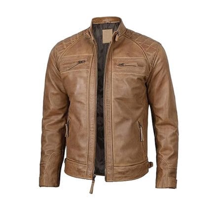 Men’s Brown Cafe Racer Leather Jacket 100% Real Lambskin Biker Motorcycle Jacket with Quilted Shoulders, Slim Fit, Multiple Zipper Pockets Vintage Distressed Style by Decrum - Image 2