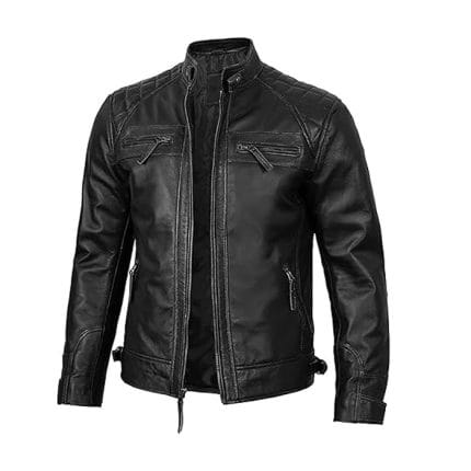 Men’s Black Cafe Racer Leather Jacket 100% Real Lambskin Biker Motorcycle Jacket with Quilted Shoulders, Slim Fit, YKK Zipper Pockets & Waist Adjusters Vintage Riding & Casual Fashion by Decrum - Image 3