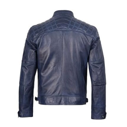 Men’s Navy Blue Cafe Racer Leather Jacket 100% Real Lambskin Motorcycle Biker Jacket with Quilted Shoulders, Slim Fit, YKK Zipper Pockets & Adjustable Waist Premium Riding & Casual Wear by Decrum - Image 4