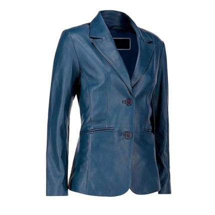Women’s Navy Blue Lambskin Leather Blazer – Classic 2-Button Genuine Napa Leather Coat with Notched Lapel, Long Sleeves & Flap Pockets Casual, Business & Formal Wear Jacket - Image 4
