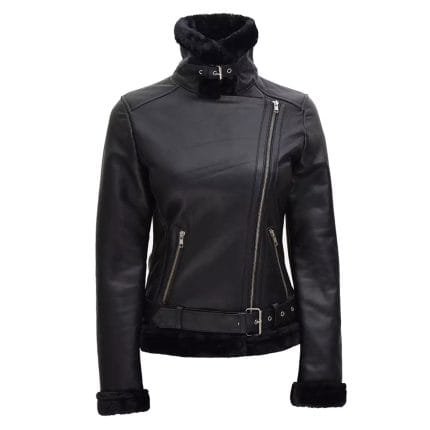 Women's Black Real Leather Jacket Fur Lined Biker Style Coat Slim Fit Winter Outerwear with Belt Stylish Moto Fashion - Image 4