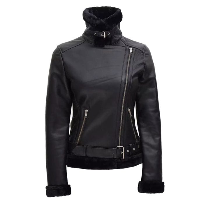 Women's Black Real Leather Jacket Fur Lined Biker Style Coat Slim Fit Winter Outerwear with Belt Stylish Moto Fashion - Image 4