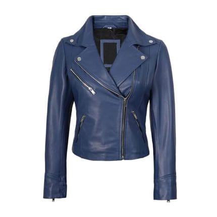 Women’s Blue Faux Leather Moto Biker Jacket Slim Fit Lightweight Motorcycle Style Outerwear with Asymmetrical Zipper, Stylish Pockets & Comfortable Inner Lining Perfect for Casual Wear, Parties & Travel - Image 2