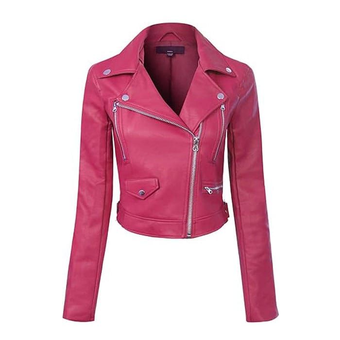 4 Women’s Fuchsia Faux Leather Moto Biker Jacket – Slim Fit Lightweight Outerwear with Zipper Pockets & Stylish Lapel Collar - Image 1