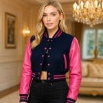 Women’s Cropped Varsity Jacket Dark Blue Wool Body with Pink Faux Leather Sleeves | Trendy Cropped Baseball Bomber Jacket with Pink Striped Details
