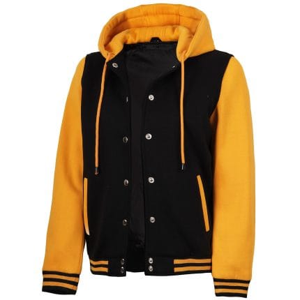 Women’s Hooded Varsity Jacket Black Body with Orange Sleeves | Classic Letterman High School Baseball Bomber Hoodie for Women, Fleece Outer & Soft Lining - Image 2