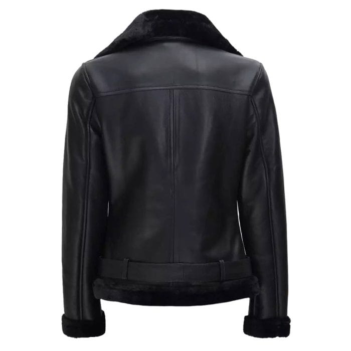Women's Black Real Leather Jacket Fur Lined Biker Style Coat Slim Fit Winter Outerwear with Belt Stylish Moto Fashion - Image 5