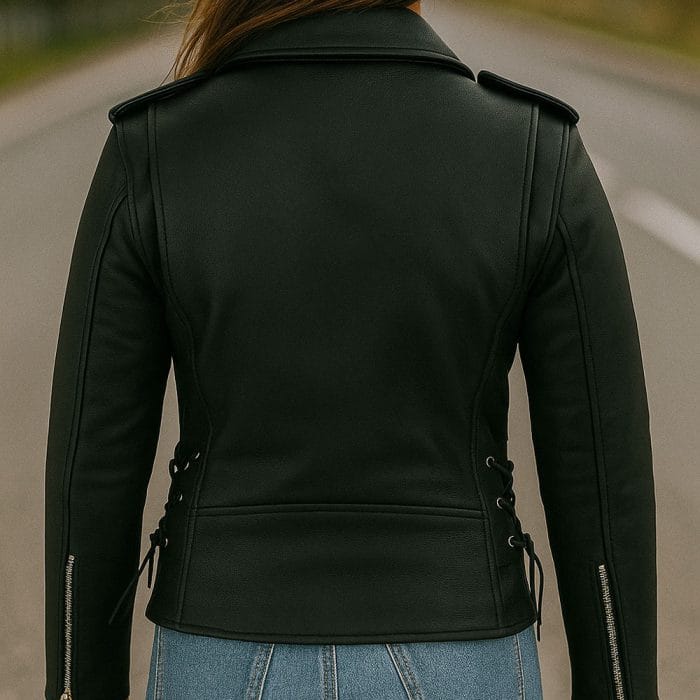 Women’s Premium Cowhide Leather Motorcycle Jacket Heavy-Duty Biker Style, Asymmetrical Zip, Adjustable Waist & Side Laces, Zip-Out Liner Classic Black Moto Riding Jacket - Image 3