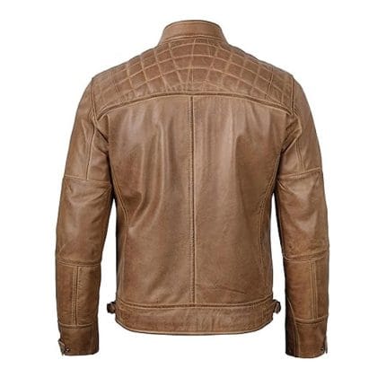 Men’s Brown Cafe Racer Leather Jacket 100% Real Lambskin Biker Motorcycle Jacket with Quilted Shoulders, Slim Fit, Multiple Zipper Pockets Vintage Distressed Style by Decrum - Image 4