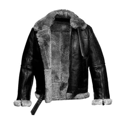 Men’s RAF aviator pilot shearling leather jacket front view – genuine sheepskin bomber coat with fur collar