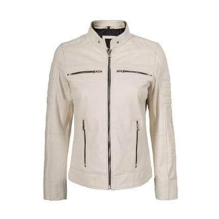 Women Off-White Faux Leather Jacket Stylish PU Cafe Racer Biker Jacket with Quilted Shoulders & Zipper Pockets - Image 4