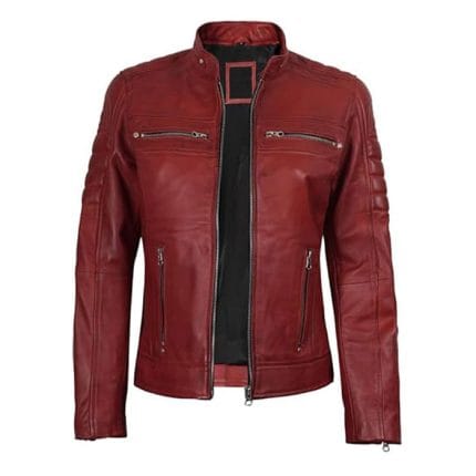Women Red Faux Leather Jacket PU Motorcycle Biker Jacket, Stylish Cafe Racer Slim Fit with Quilted Shoulders & Multiple Zipper Pockets - Image 2