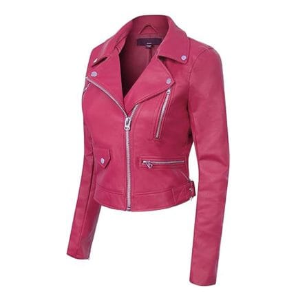 Women’s Fuchsia Faux Leather Moto Biker Jacket – Slim Fit Lightweight Outerwear with Zipper Pockets & Stylish Lapel Collar - Image 2