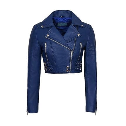Women’s Navy Blue Cropped Faux Leather Biker Jacket Moto Style Short Coat with Zipper Closure, Buckle Straps & Side Pockets Trendy Casual & Party Wear Outerwear - Image 2