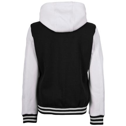 Women’s Hooded Varsity Jacket Black Body with White Sleeves | Classic Letterman High School Baseball Bomber Hoodie for Women, Fleece Outer & Soft Polyester Lining - Image 4